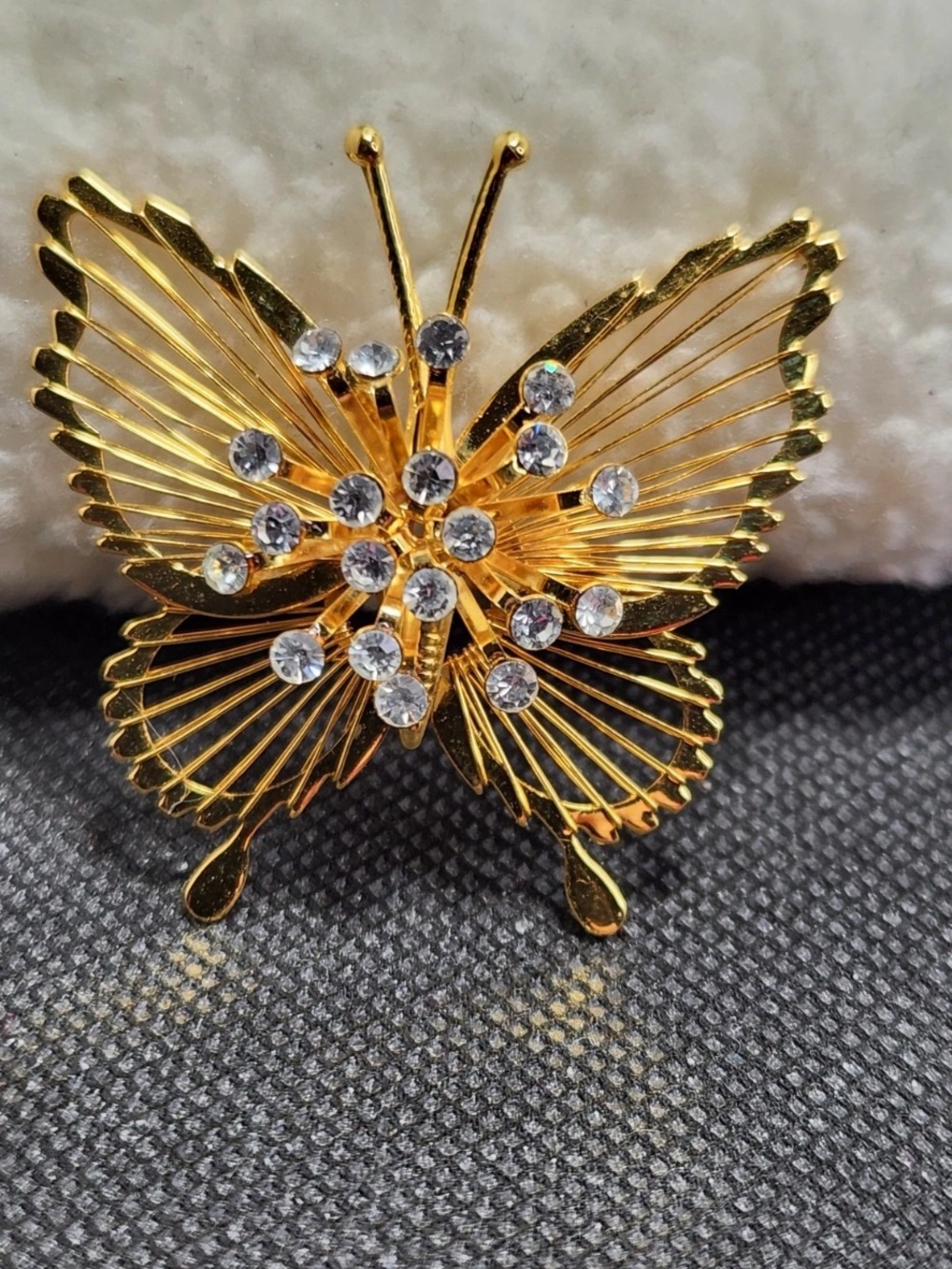 Vintage Signed Monet Gold Tone Butterfly Brooch Pin Clear Rhinestone Openwork